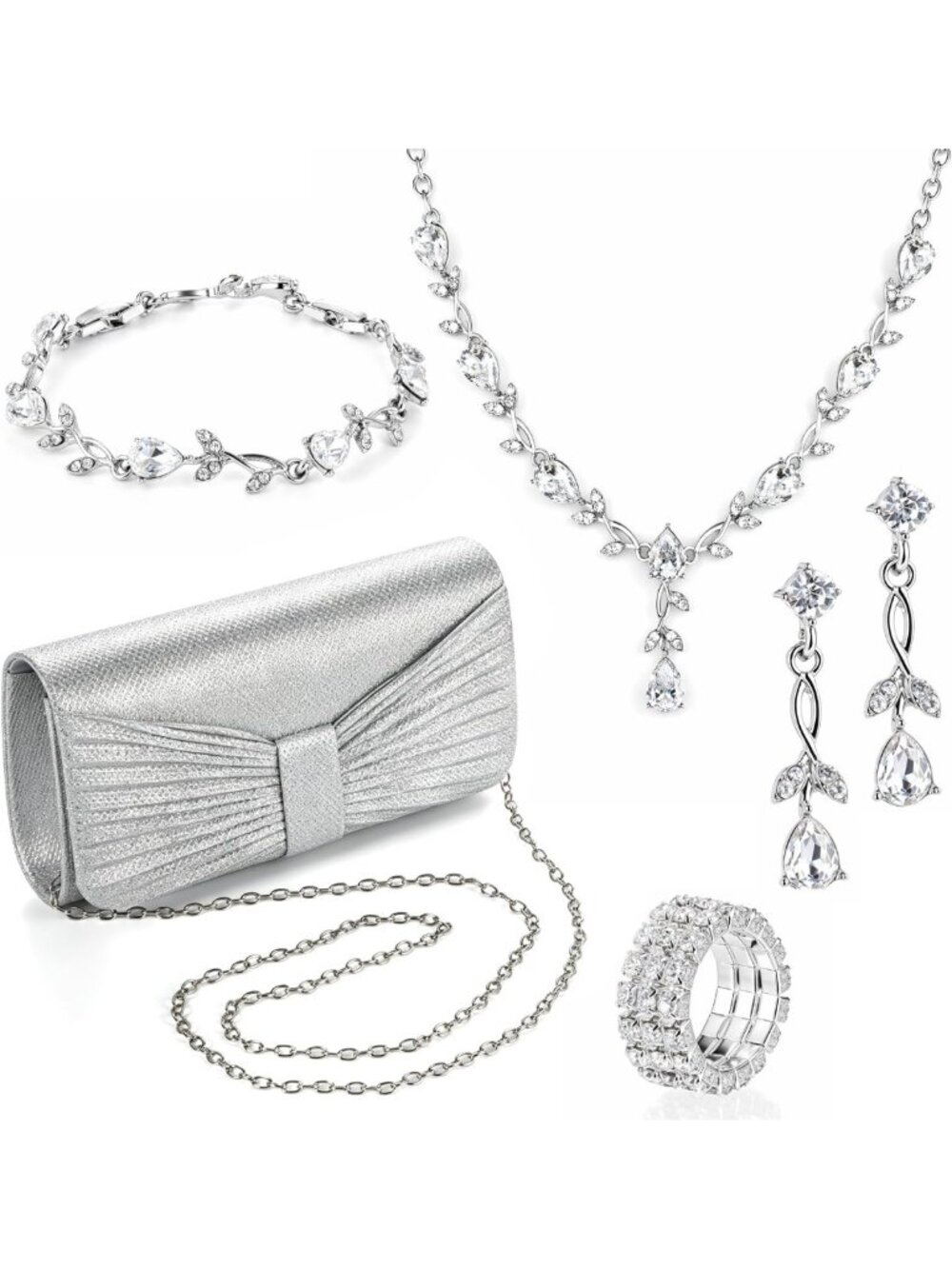 Glam Rhinestone Jewelry Set - 5PC Clutch Purse, Necklace, Earrings & Bracelets